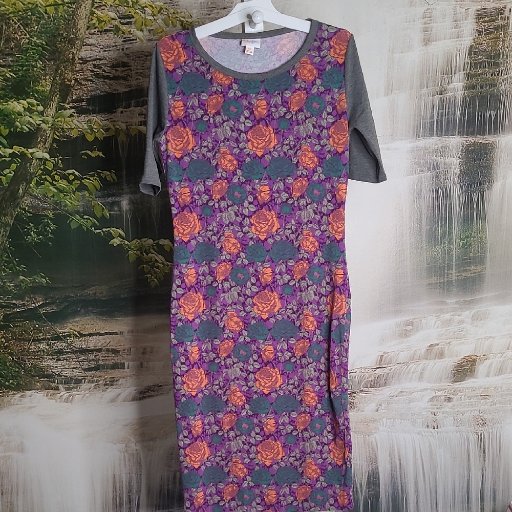 Lularoe Womens XS colorful floral purple and gray comfy stretchy dress